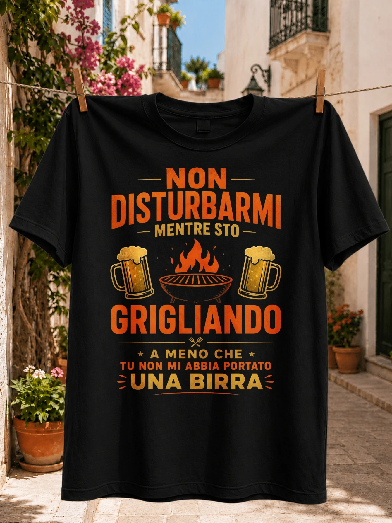 Vintage Graphic with Flaming Grill Beer and Italian Non Disturbarmi mentre Sto Grigliando Front  Unisex All T-Shirt