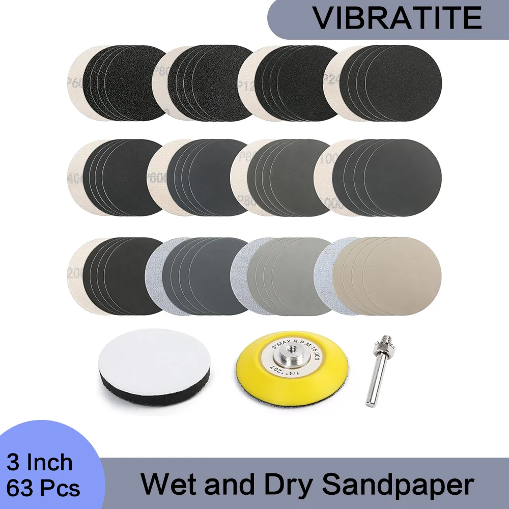 3 Inch Wet and Dry Sandpaper 63 Pcs Hook and Loop Assorted 60-7000 Grits with 1/4” Backing Pad for Car Headlight Restoration