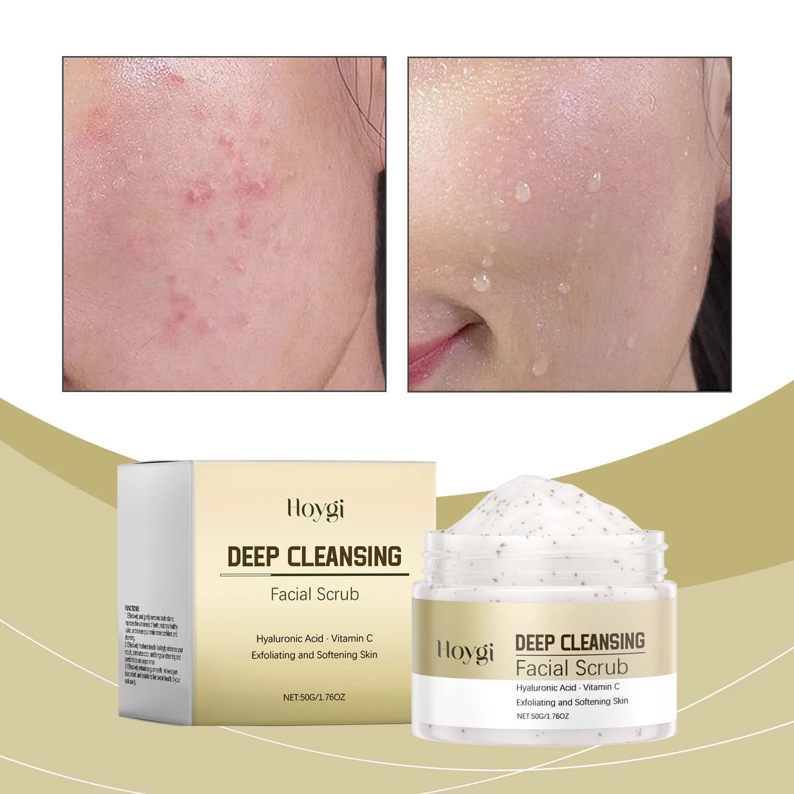 Gommage pour le visage nettoyant en profondeur avec acide hyaluronique et vitamine C - Gommage exfoliant pour peaux lisses, raffinage des pores