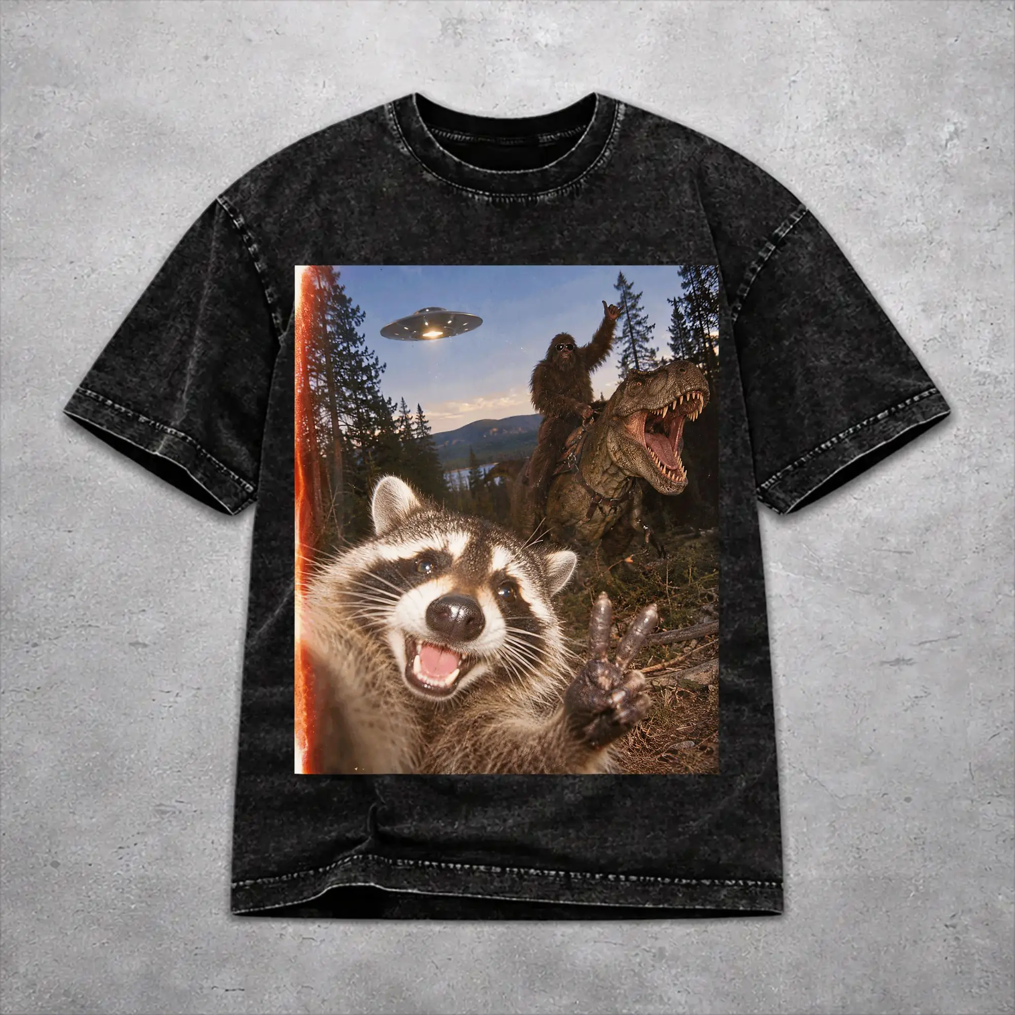 Men Women Vintage Washed T-shirts Funny Bigfoot Ride Dinosaur Raccoon Print T Shirt Accessories Harajuku  Tee Shirts