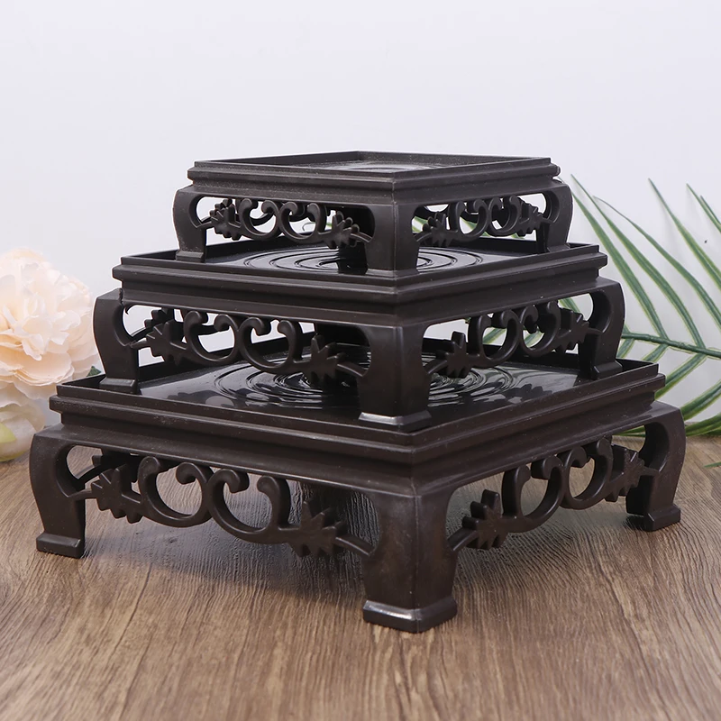 Deep Brown Carving Wooden Look Plastic Base Tray Flowerpot Holder Round Square Multi-Functional Teapot Vase Fish Tank Base