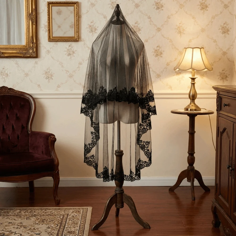 Double Layer Halloween Bridal Veil Long Length Black White Ghost Bride Veil Floral Edge Photo props Lace Tulle Veil