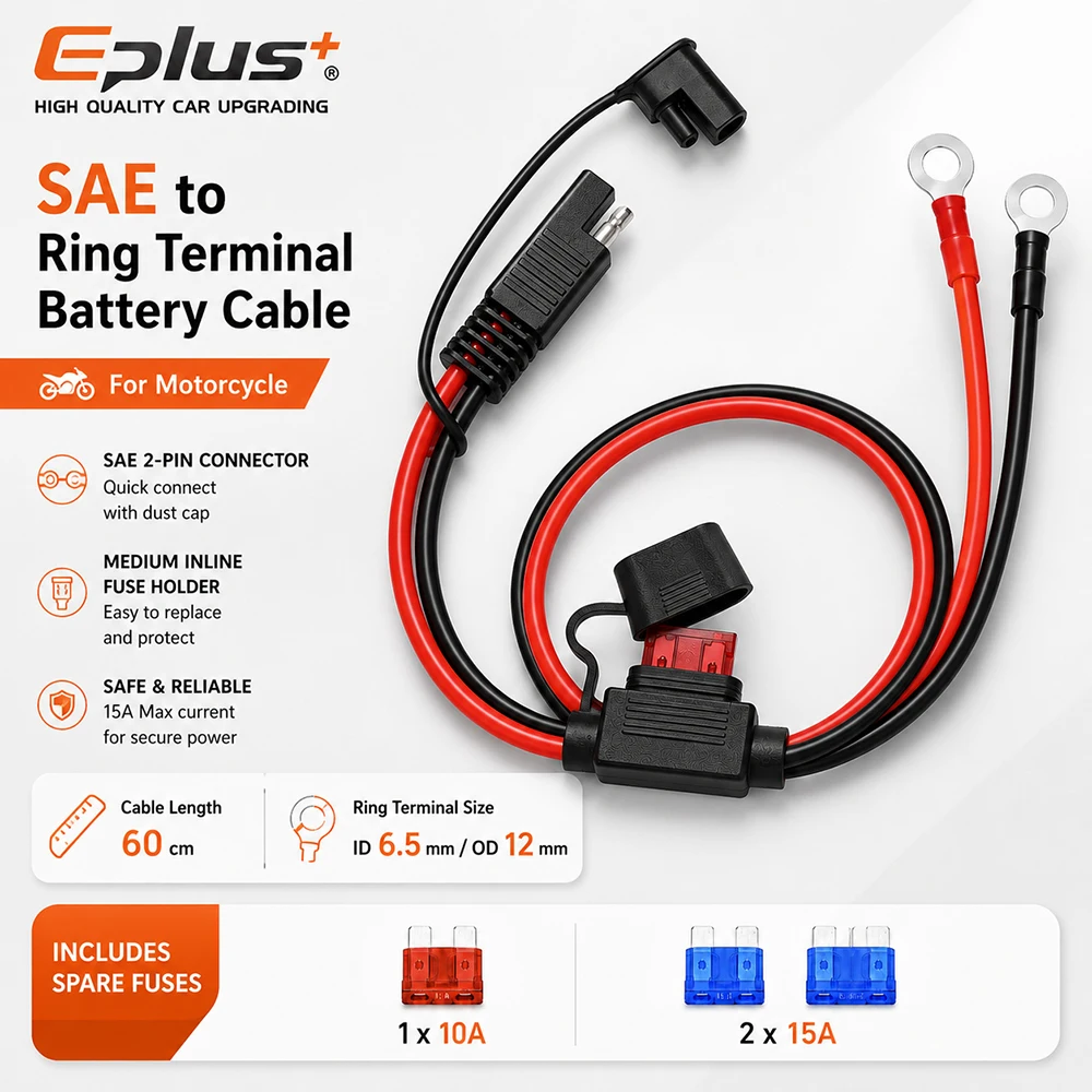 Câble de charge automobile robuste de 60 cm, prise SAE vers borne O-Type, avec fusible intégré, pour moto, scooter, UTV, batterie de stockage solaire
