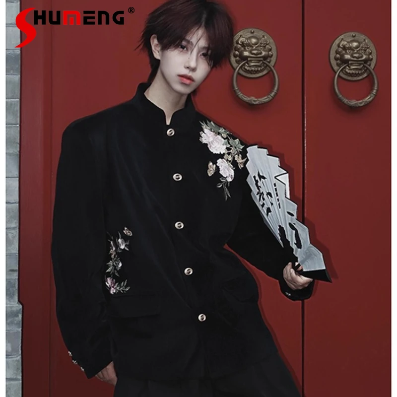 

Men's 2025 Long Sleeve Color Matching Suit Jackets Fashion Floral Embroidery Stand Collar Blazers Gentleman Chic Tailored Coats