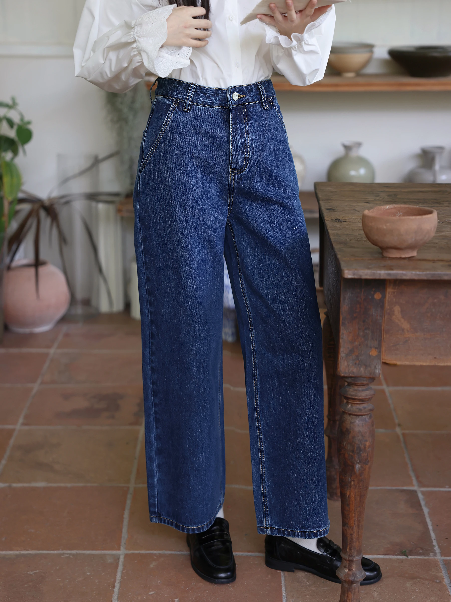 

MUNNS Vintage Blue Cotton Jeans High Waist Straight Leg Washed Women's Casual Trousers Comfortable Slimming Long Pants