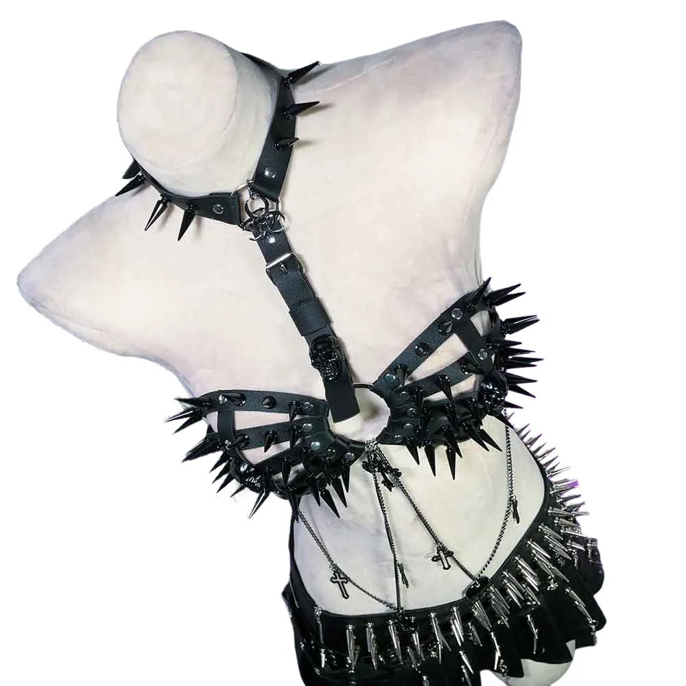 Goth Tops Gothic Tank Rave Outfits Festival Bra Grunge Emo Clothing Y2K T-shirt Vkei Cyber Punk Mini Rock Clothes with Spikes