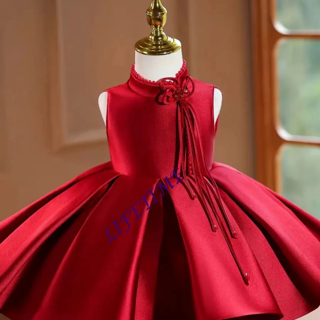 Maßgeschneidertes weißes Blumenmädchenkleid aus Satin mit Perlen, knielang, Prinzessin, Baby, Hochzeit, 1. Geburtstag, Party, Festzug, Festival