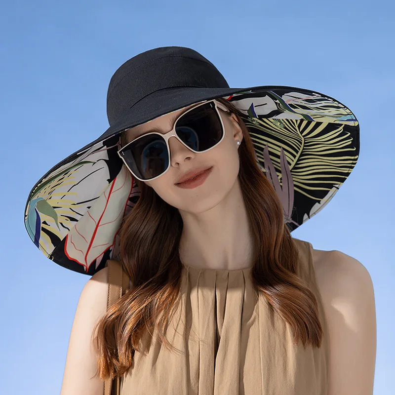 Sombrero de ala ancha de doble cara para mujer, protección solar, gorra de playa de flores, elegante protector solar para exteriores, novedad de