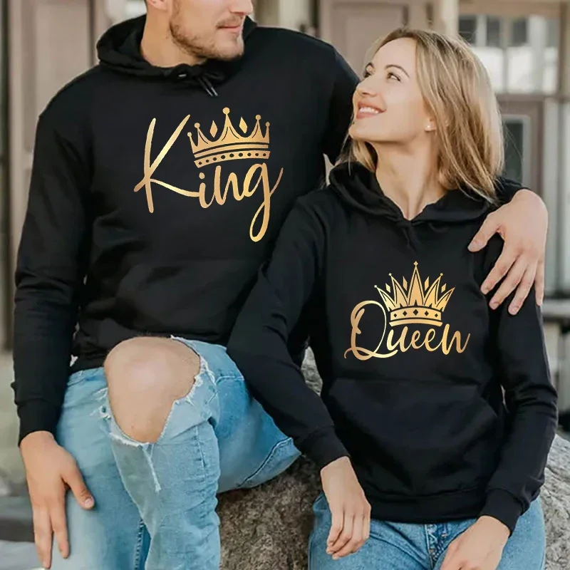 

Matching Couple Sweatshirt Gold Printed Pattern KING and QUEEN Gold Crown Print Hoodie Y2K Harajuku Fashion Couple Matching Tops