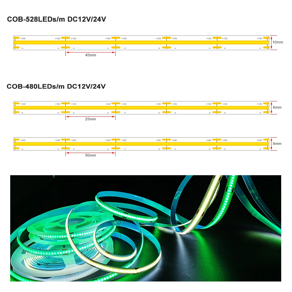 Tira de luces LED COB de 1m, 2m, 3m, 4m, 5m, 480, 528 LED, iluminación RA90 Flexible de alta densidad, controlador Bluetooth lineal regulable DC12V/24V