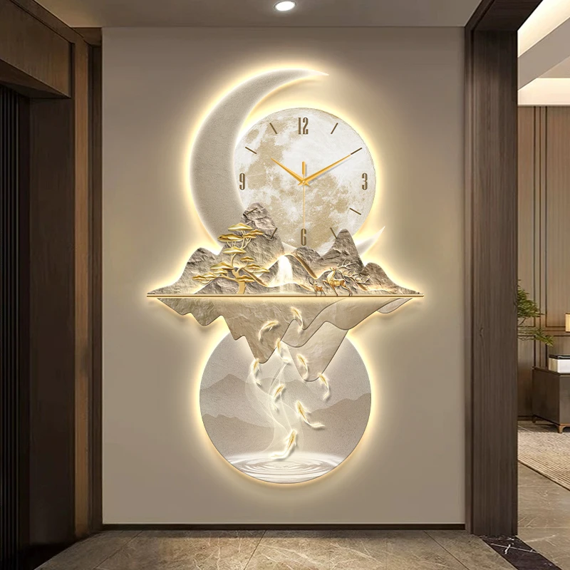 Nine Fish Graph Entrance Hall Wall Clock Large-Scale LED Digital Clock Corridor Mural Lamp Villa Quartz Clock Watch Home Decor