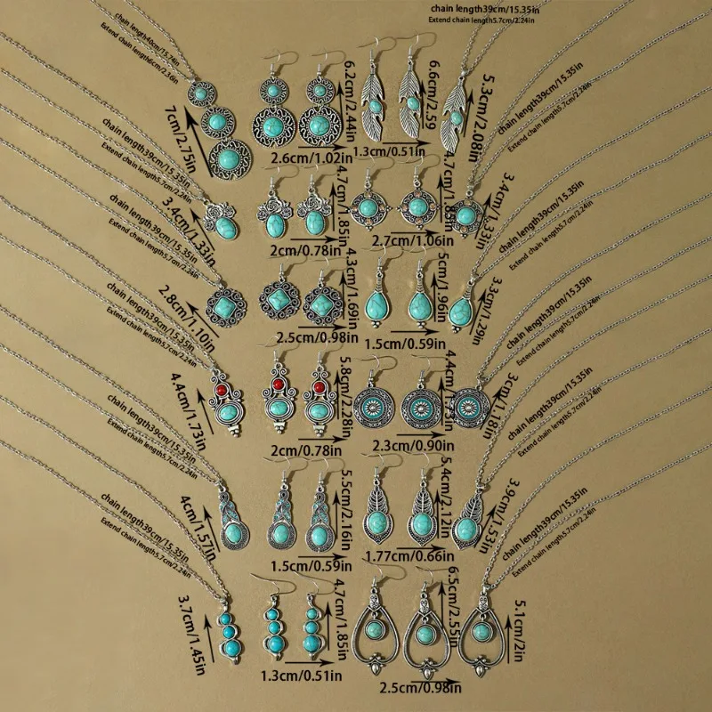 Bohemian Retro Earring Necklace Set Turquoise Teardrop Shaped Earings Pendant Necklace Multi Styles Jewelry Set for Women