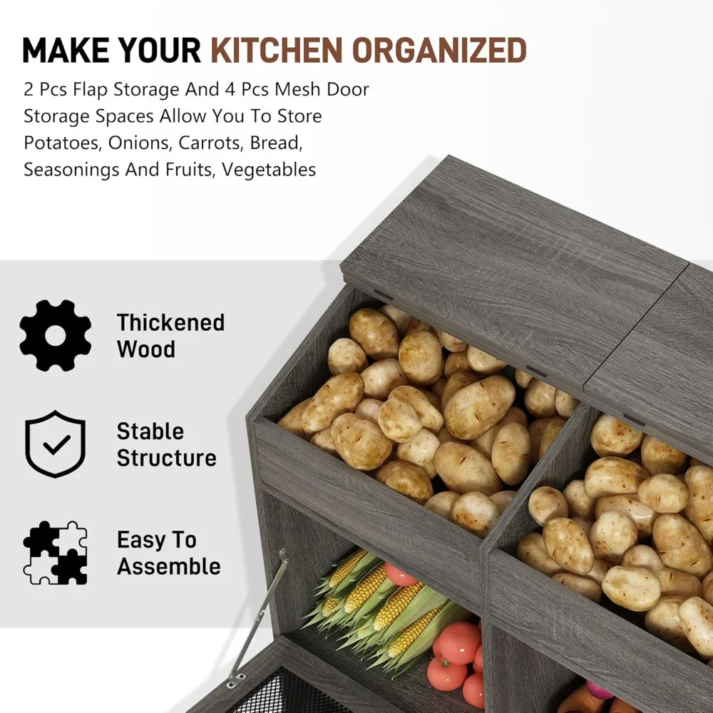 صندوق خبز خشبي كبير مع 6 صناديق تخزين و4 أبواب شبكية للخضار والبصل والبطاطس #5