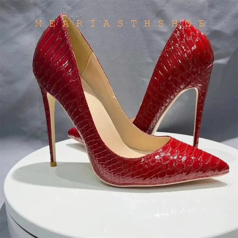New 12cm 10cm 8cm Thin high Heeled Sexy Women Red Crocodile Effect Pointed Toe Party Wedding Shoes Snakeskin Stiletto Pumps