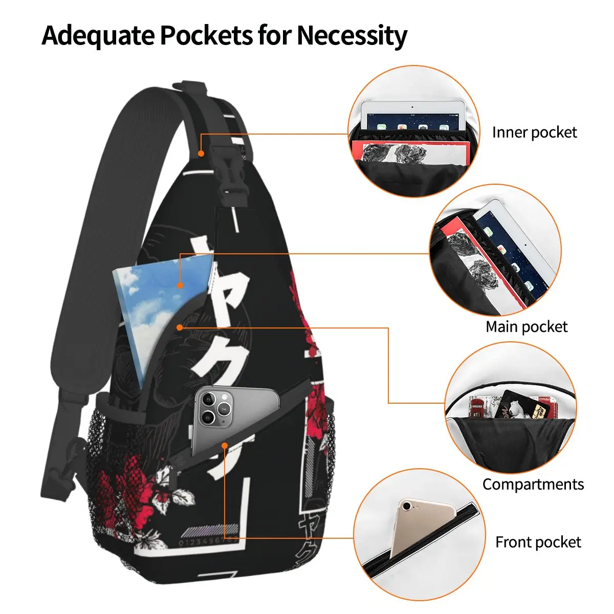 Japanese Streetwear Yakuza Crossbody Chest Bags Pockets Travel Pack Messenger Sports Teens Shoulder Bag Unisex