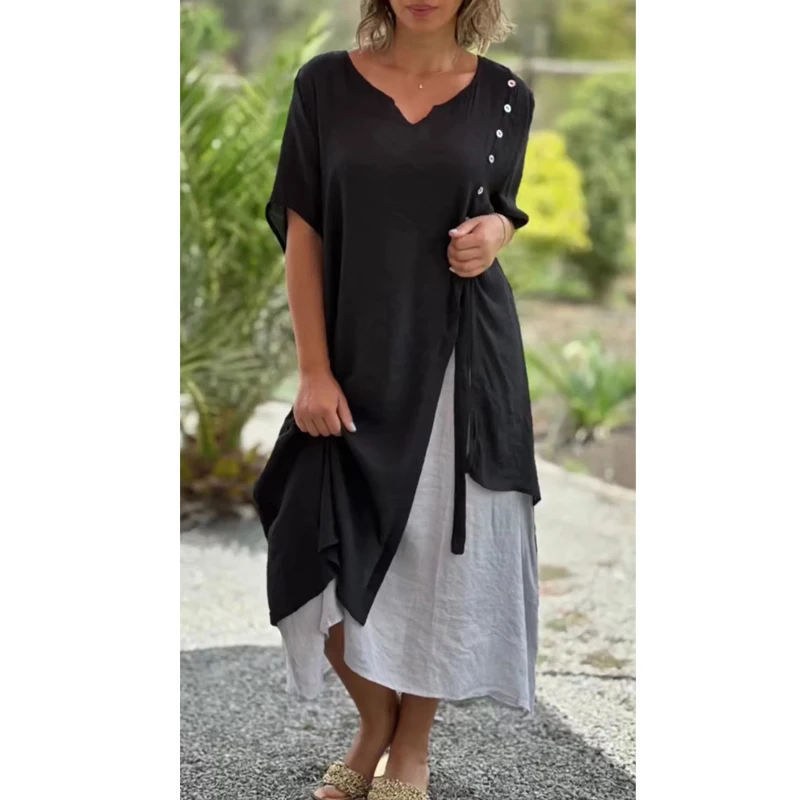 Imagem -02 - Patchwork Assimétrico Feminino com Renda Vestido Midi Robe Solto Decote em v Manga Curta Roupa Casual Praia Vintage Verão 2023