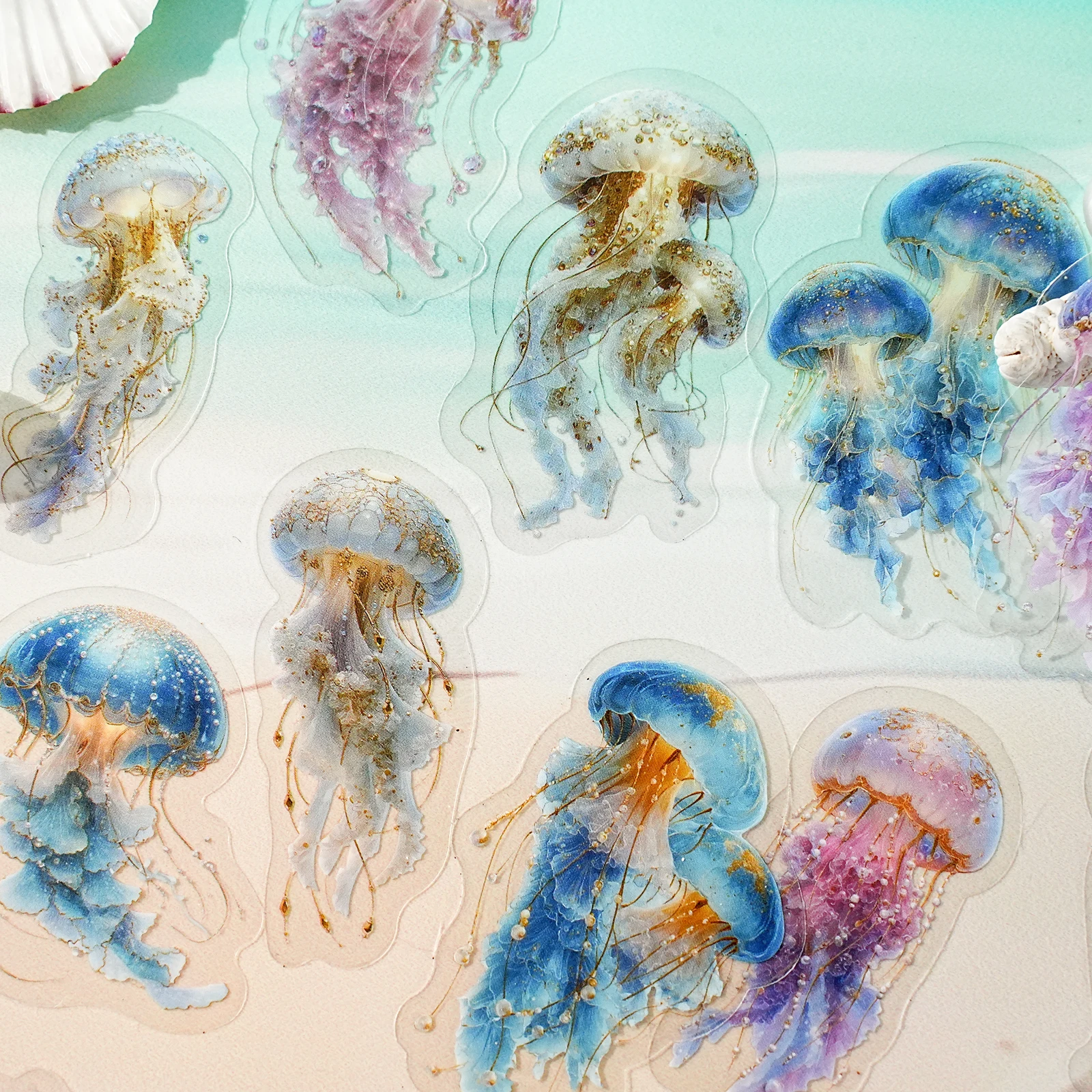 15Pcs Ocean Jellyfish Pattern Retro 3D Gold Foil Decoration for Laptops, Phone Cases, Suitcases, Handmade Scrapbooks, Gift Paper Bags, Children's Stickers