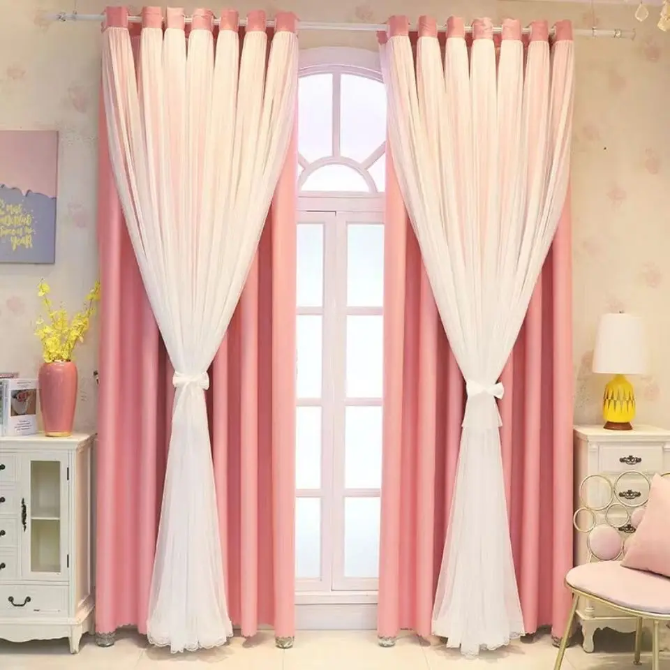 Simple Solid Color Double-layer Curtain Sheer Curtain Plus Cloth Curtain for Princess Room Bedroom Living Room