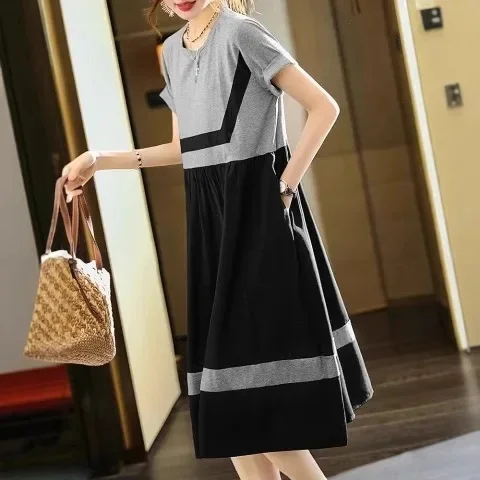Plus Size Spring Summer New Simple Color Block A- Line Dress Loose Slimming Women's Skirt Short Sleeve round Neckline Ankle-Leng