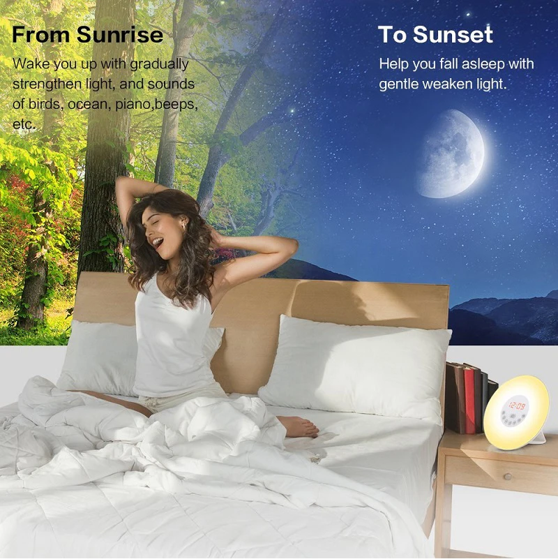 Wake Up Light Alarm Clock Sunrise/Sunset Simulation Luminous Digital Clock with FM Radio Night Light Touch Control Table Clocks