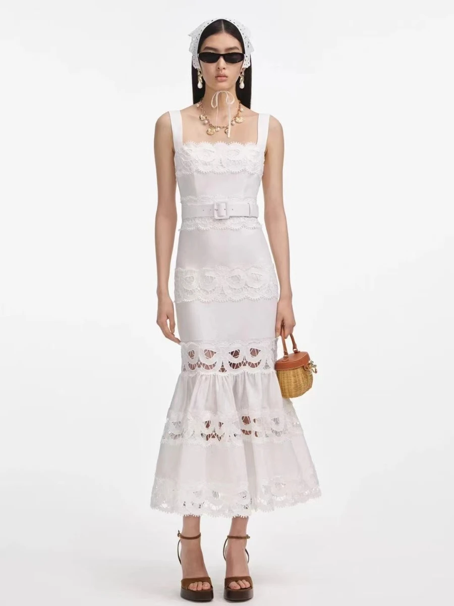 VGH Solide Elegante Verstärktes Aushöhlen Kleid für Frauen Quadrat Kragen Ärmellose Patchwork Schärpen Hohe Taille Bodycon Kleider Weibliche – Detail 2
