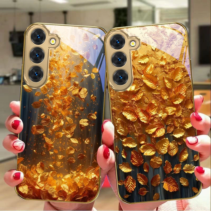 Golden leaves or petals For Samsung Galaxy S26 S20 FE S21Plus S22 23 Plus S24 Ultra S25 S21+ S9 22Plus Golden glass phone case