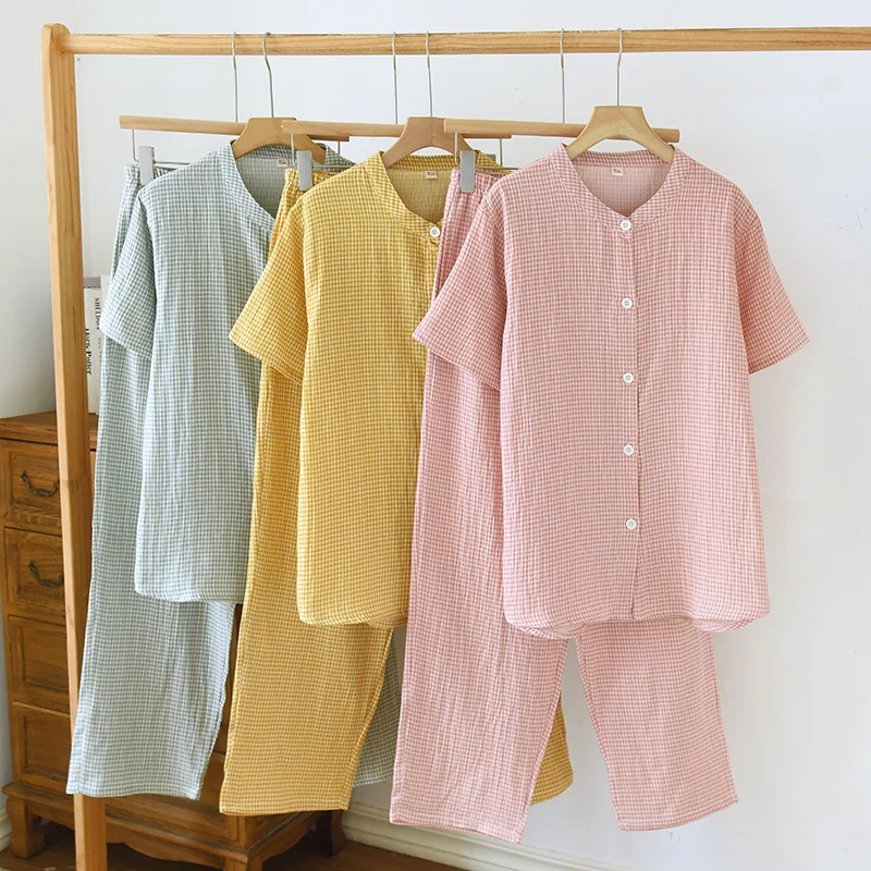 

Cotton Double-layer Color Woven Breathable Women's Round Neck Short Sleeved Long Pants Pajamas Set Casual Home Clothes