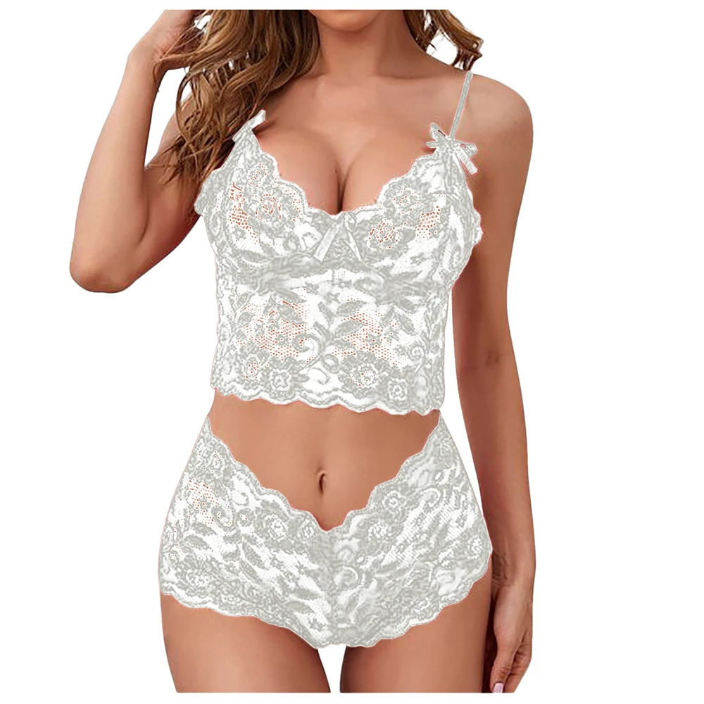 2025 Women's Sexy Sheer Floral Lace Pajamas Lingerie Set High Waist Sleepwear Bra and Panty 2 Piece Nightwear New Hot Sissy