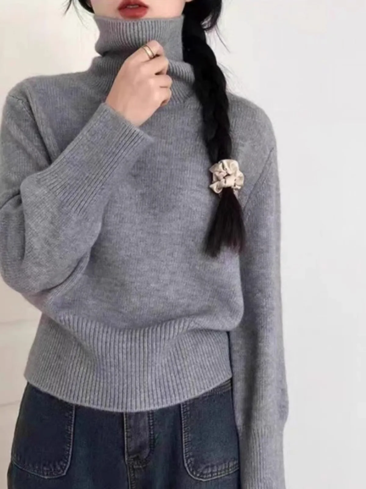 2024 autumn and winter new 100% pure cashmere sweater women\'s turtleneck sleeved thick pullover sweater wool knit base shirt