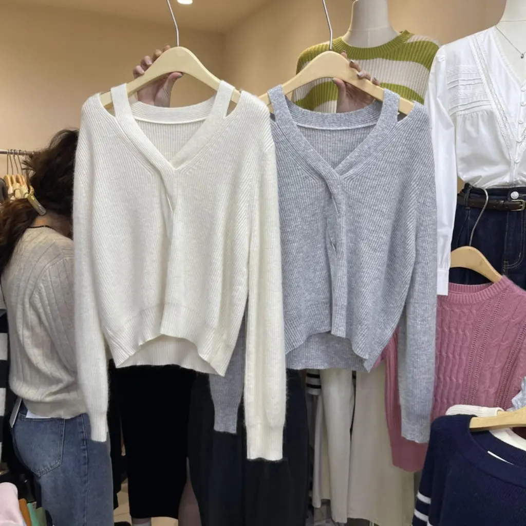 

Women's Korean Style Twist Braided Off-Shoulder Loose Sweater Early Autumn Solid Color Slimming Trendy Age-Reducing Top