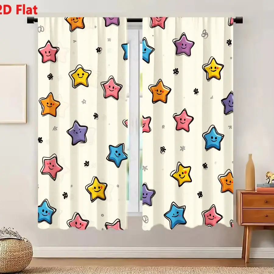 2Pcs Curtains 2D Flat Cheerful Cartoon Stars Seamless Pattern With Happy Faces On Pale Cream Background For Textiles And Wrappin