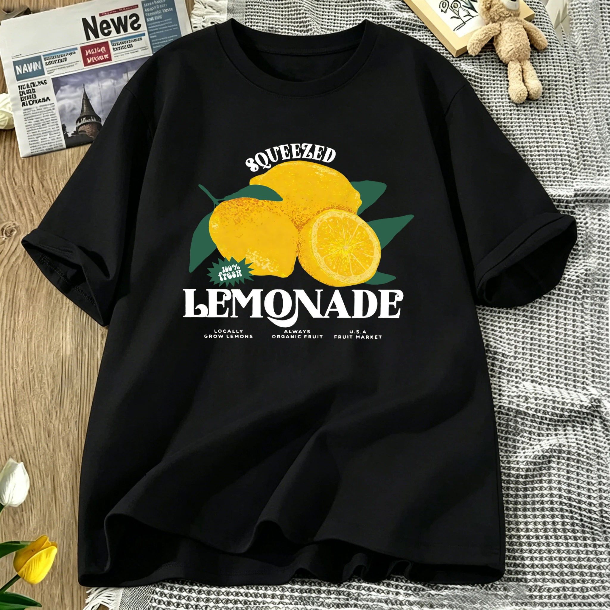 Squeezed Lemonade Fresh Lemons Pattern Womens T Shirts Breathable Loose T-Shirt Casual Short Sleeve Cotton Summer Streetwear