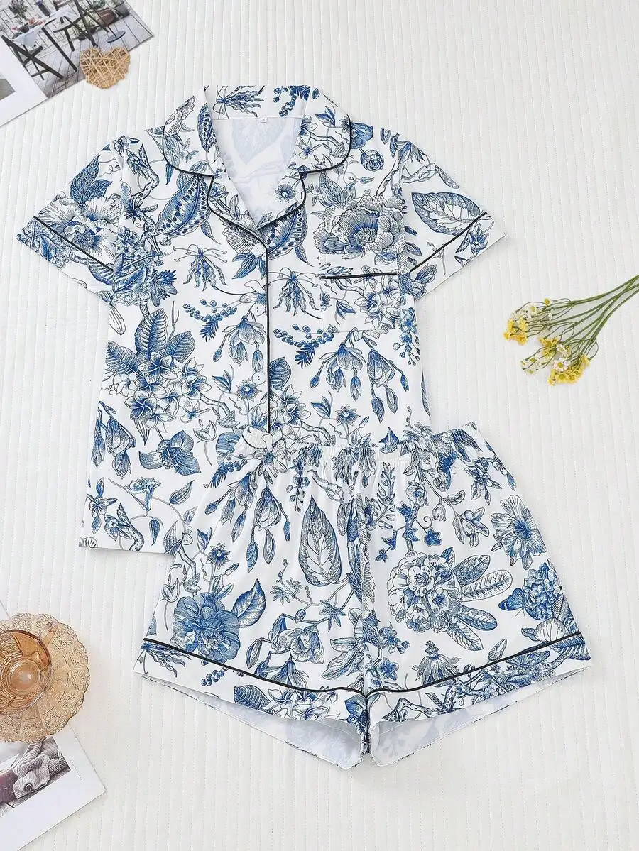 

Womens Floral Print Pajama Set Short Sleeve Collared Top And Elastic Waist Shorts