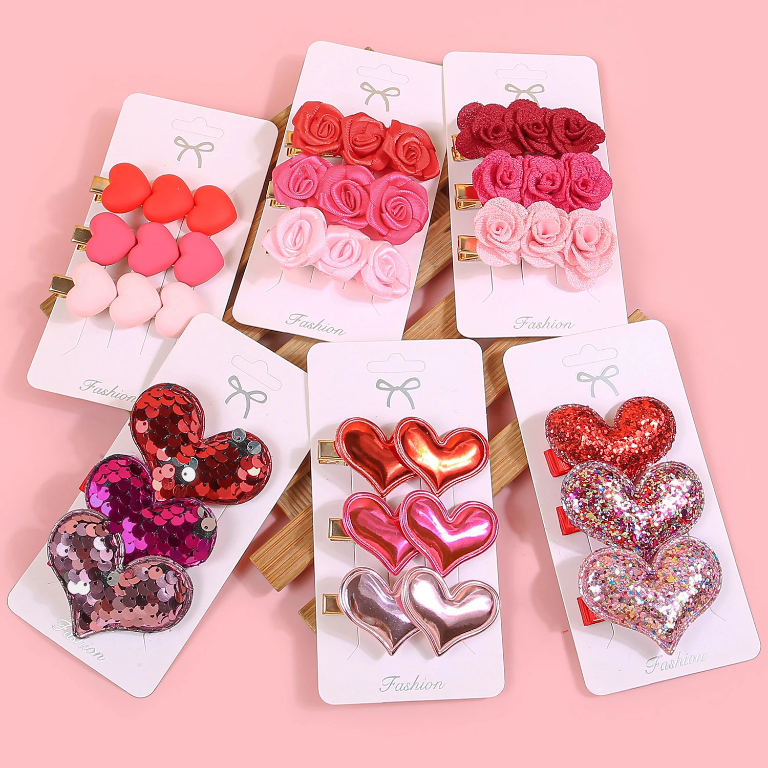 3pcs/set Girls Valentine's Day Heart Hair Clips Kids Flower Barrettes Clips Valentine's Day Bows Party Hair Accessories