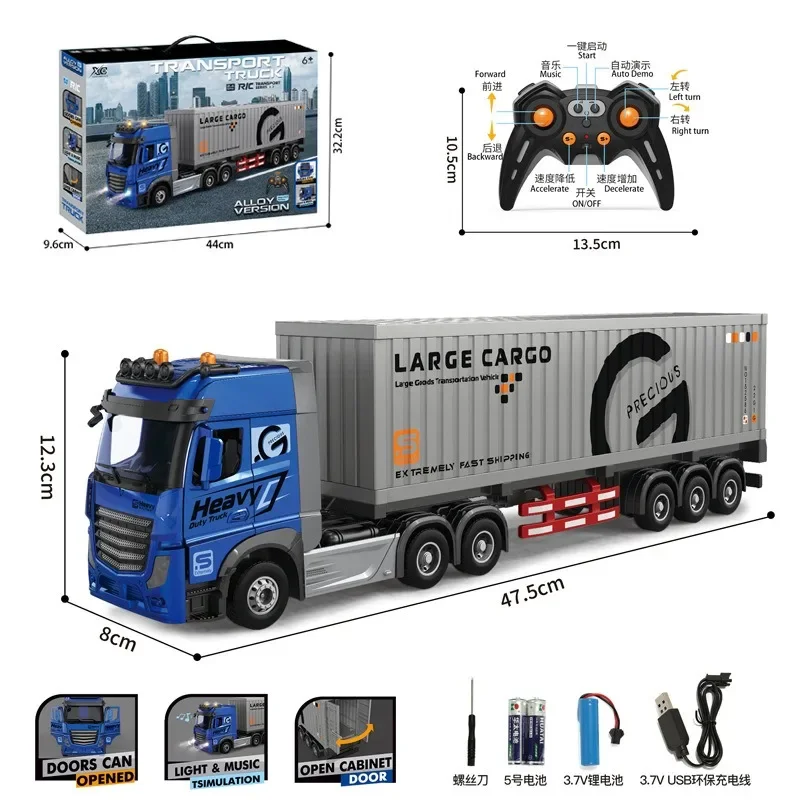 RC Car Big RC Container Truck 9CH Alloy Remote Control Oil Tank Truck Electronic Simulation Trailer LED Music Rechargeable Toy