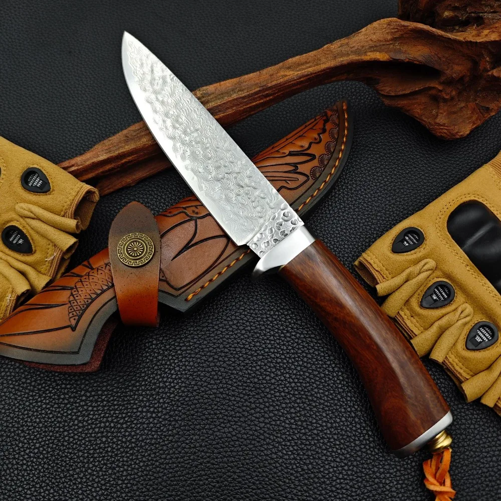 

Tactical Damascus Blade Wood Handles Hunting Knives Camping Portable Tools Combat EDC Survival Self Defense Knives, Gift for Men