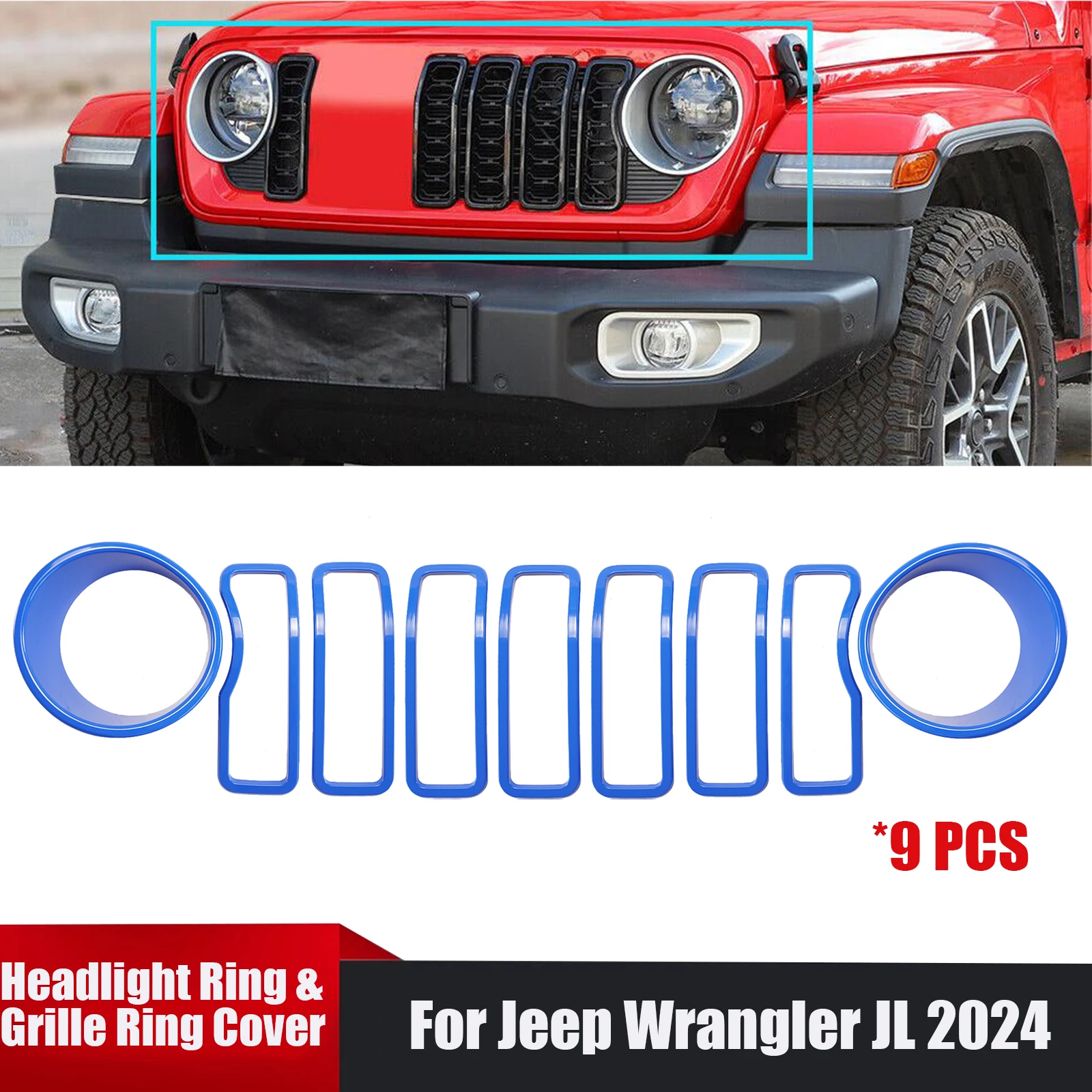 

9PCS Car Accessories Headlight Ring &Grille Ring Cover Decorative For Jeep Wrangler JL 2024 Front Grill Inserts Cover Trim Blue