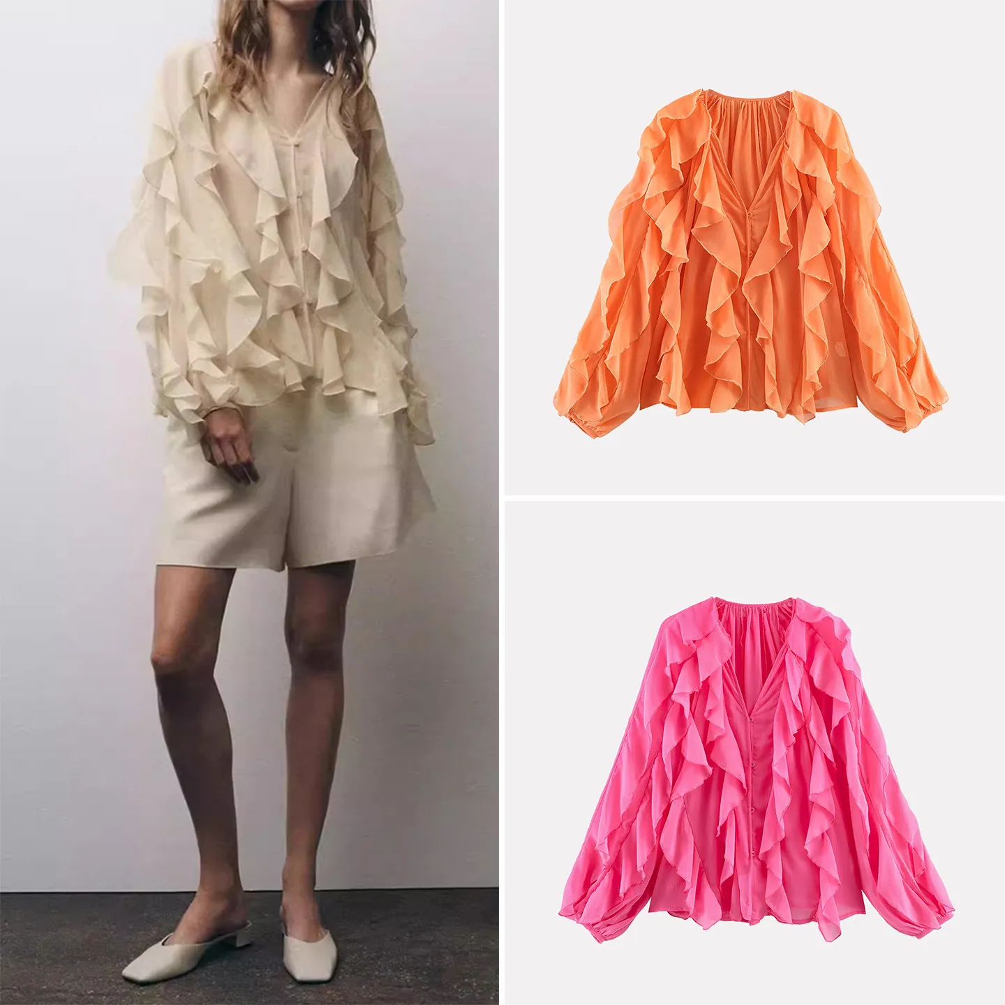 

Женская модная декоративная многослойная блузка с длинным рукавом и V-образным вырезом, свободного кроя, универсальная, зима 2025, европейский стиль