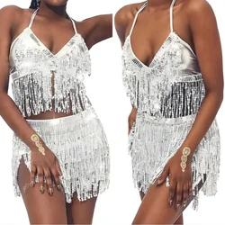 Belly Latin Dance Tassel Crop Top Sequin Halter Tank Top Backless Vest Shinny Skirt Sequins Tassel Chain Belts Sexy Hot Hula Set