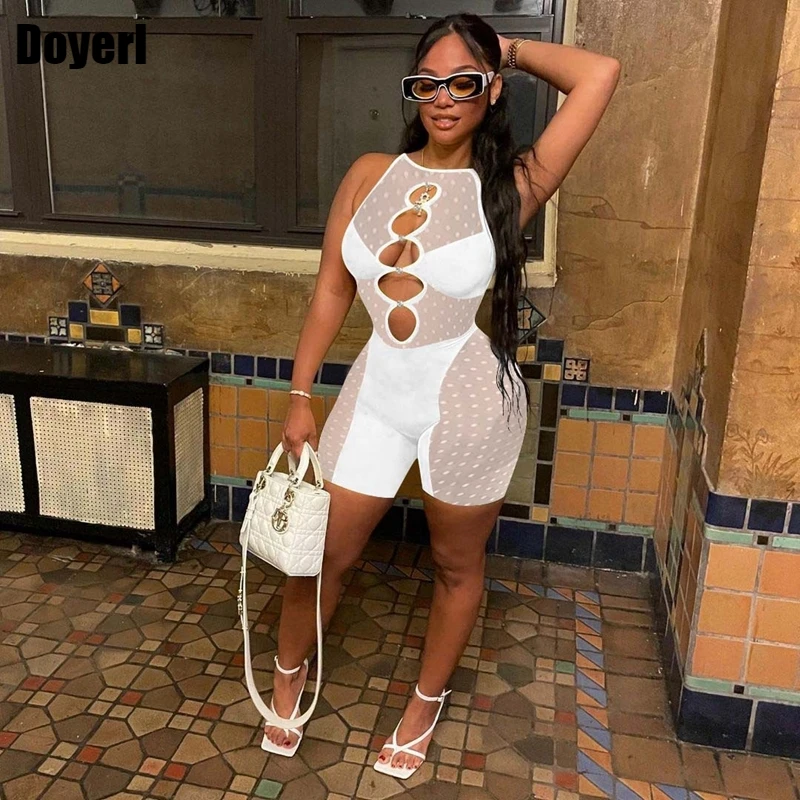 Hollow Out Shorts Jumpsuit Woman Summer Clothes Patchwork Mesh Sheer Bodycon Jumpsuit Romper One Piece Sexy Jumpsuit Clubwear