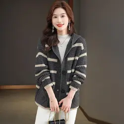 Retro Fashion Striped Hooded Sweater Jacket for Women's Autumn and Winter New Style Loose Knit Cardigan Outer Top