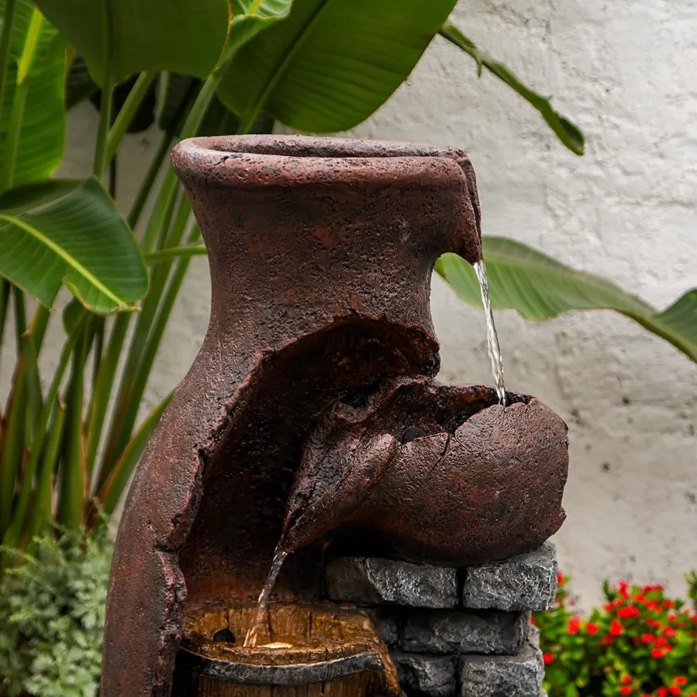 نافورة مياه برميلية كلاسيكية داخلية 6 طبقات شلال متتالي ميزة مياه 43.31 بوصة ارتفاع ديكور نافورة الحديقة في الهواء الطلق مع LED L