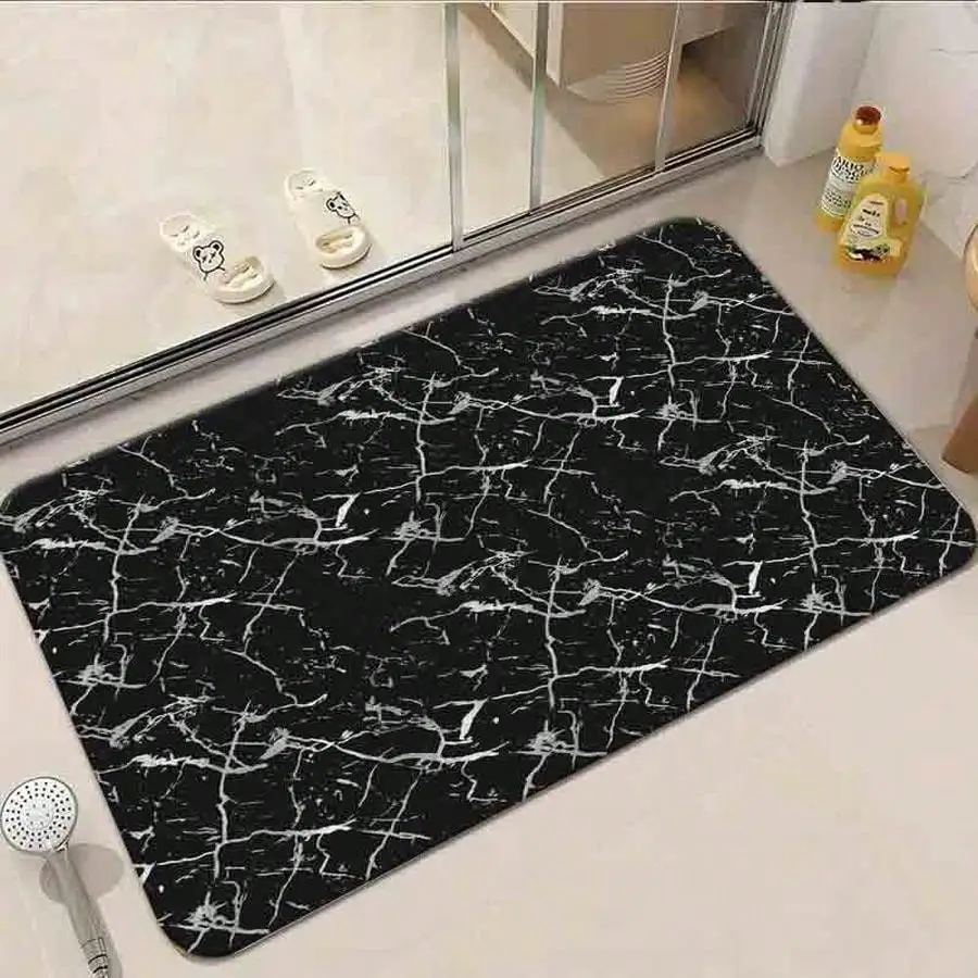1pc Flannel Floor MatMinimalist Black Marble Pattern Non-Slip Floor Mat Modern Abstract Stone Texture Decorative Rug For Home DecorNon-Slip, Machine Washable