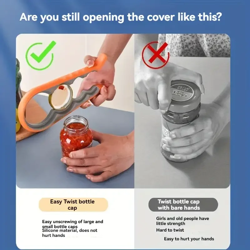 فتاحة جرة متعددة الوظائف 4 في 1، فتاحة غطاء زجاجة بمقبض مريح وقبضة غير قابلة للانزلاق للمطبخ، أغطية سهلة الفتح