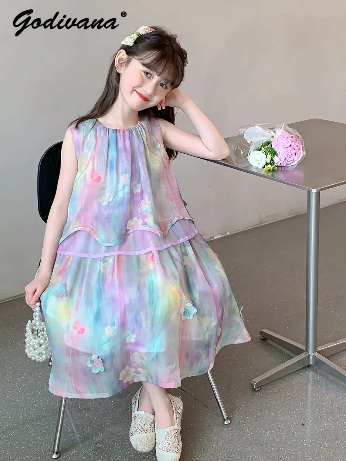 Cute Sweet Girls Summer New 2026 Dresses Kids Fashion Korean Floral Print Loose Fit Thin Breathable Princess Casual Sundress