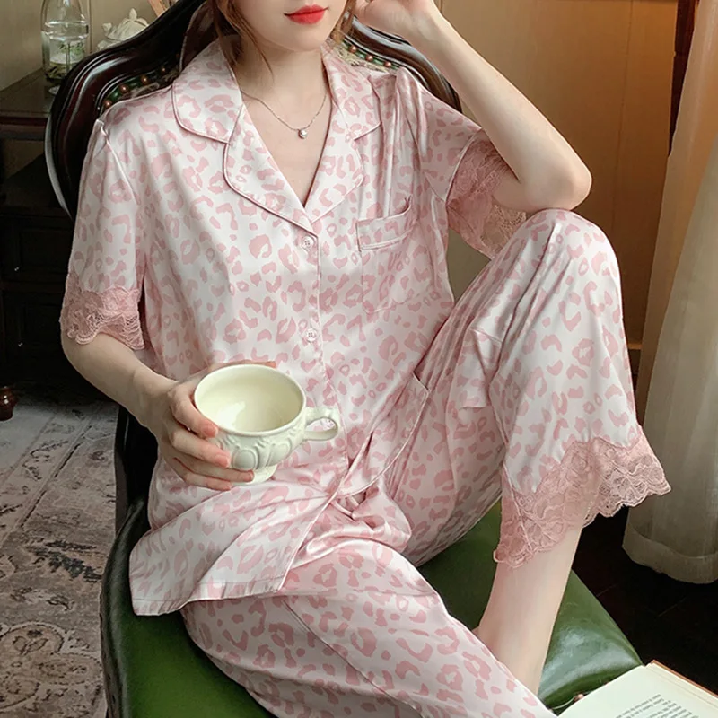 Pink Leopard Print Ice Silk Pajamas for Women Lace Sexy Home Clothes Short Sleeve Women\'s Pajamas Set Trousers Suit Nightwear