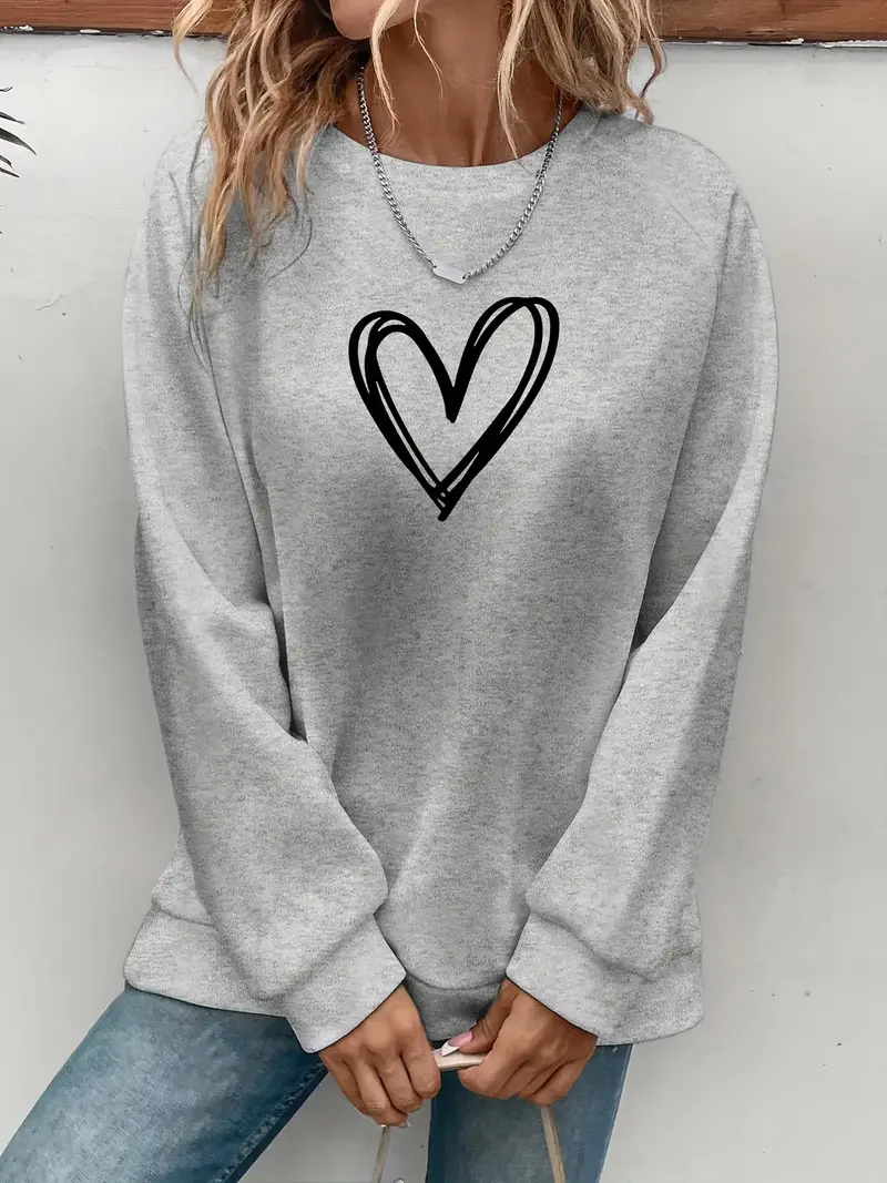 Heart Print Pullover Sweatshirt, Casual Long Sleeve Crew Neck Sweatshirt For Spring & Fall, Women\'s Clothing