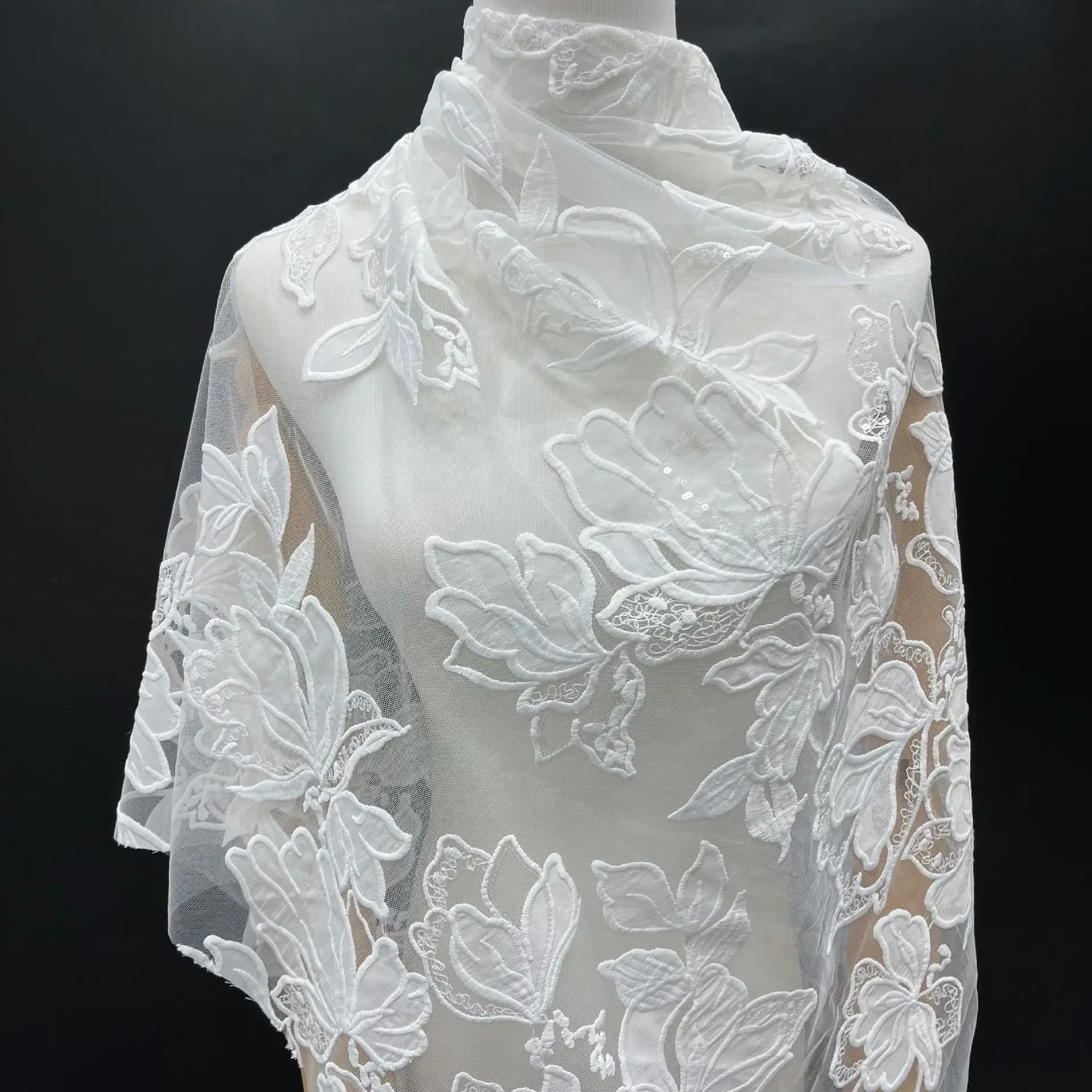 New sequin embroidered wedding dress fabric, garment accessories, water-soluble lace chiffon laser embroidered fabric