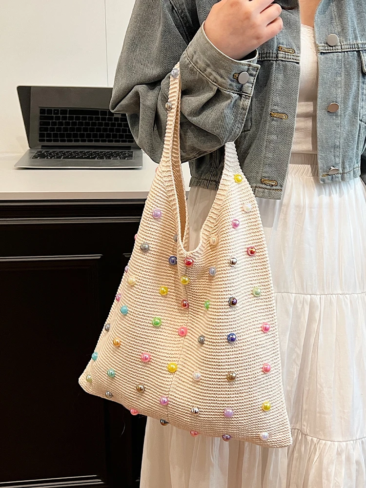 Underarm Knitted Bag for Women Korean Fashion Casual Versatile Large Capacity Tote Bags 2024 Summer New Niche Shoulder Bag