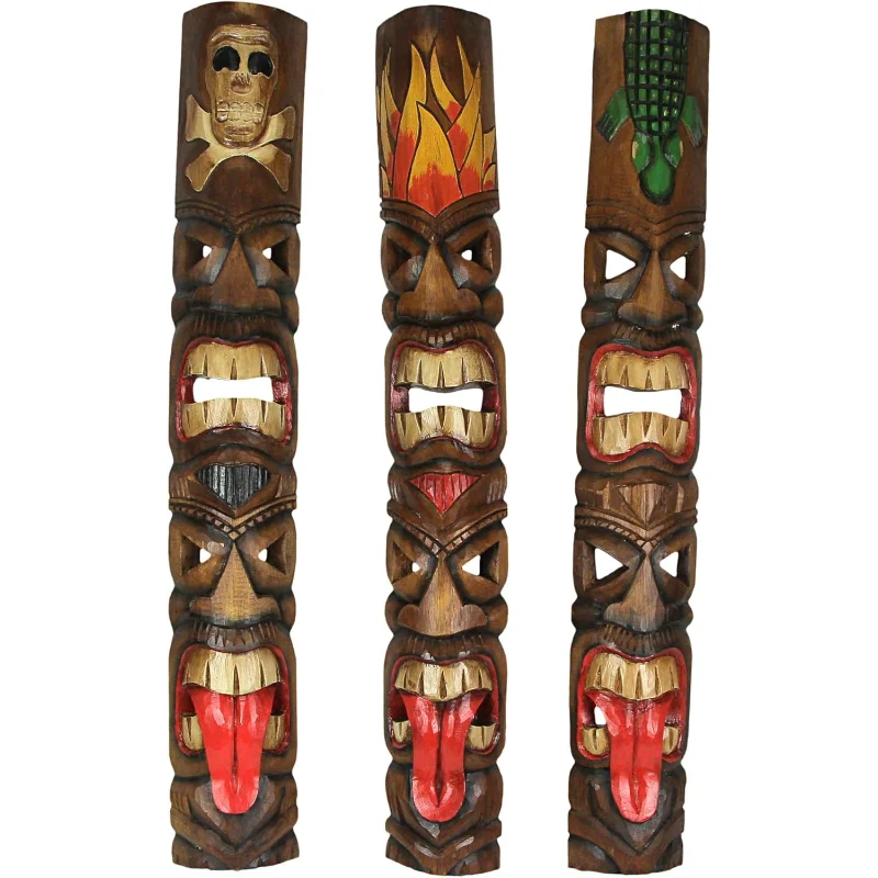 

Набор из 3 уникальных деревянных скульптур с двойной маской Тики ручной работы для декора стен с тотемом — высота 40 дюймов — пространства на открытом воздухе